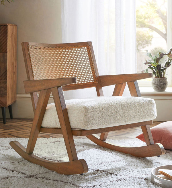 Mid Century Wooden Rocking Chair with rattan cane online in India Best designs