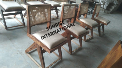 Mid Century wooden Chandigarh dining chair with cane rattan work & seat cushion