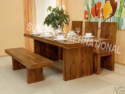 Cube Style Wooden Wood Dining table with Chairs Bench set