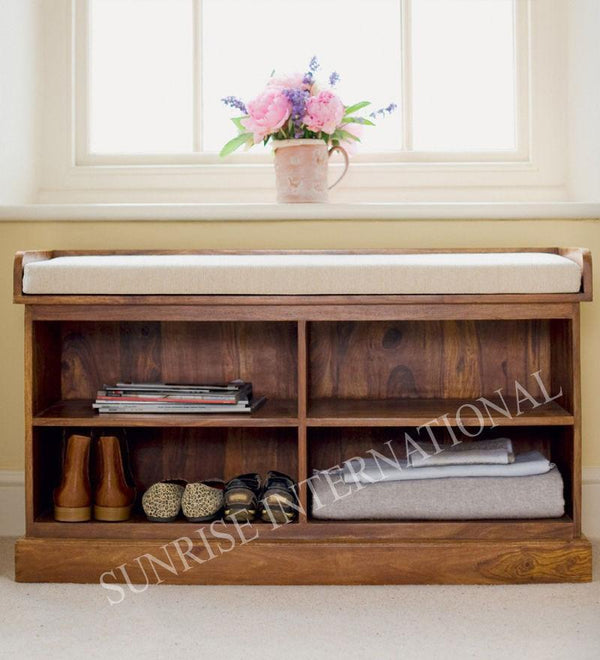 Handmade Wooden Shoe Rack cabinet cum Bench with Seat Cushion - Main Image