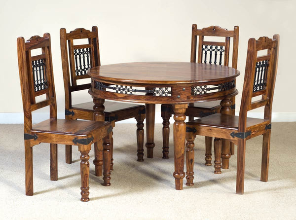 Solid Sheesham Wood Round Dining Table Furniture Set with Chairs