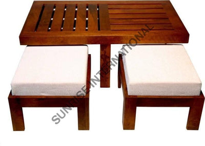 Solid Sheesham Wood Coffee Center Table With 2 Cushion Stools