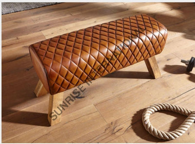 Wooden Vintage Leather Bench - Leather Furniture Home & Living:furniture:living Room:chairs