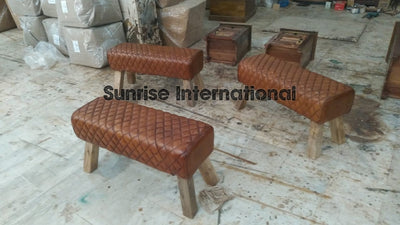 wooden Vintage leather bench - Leather Furniture