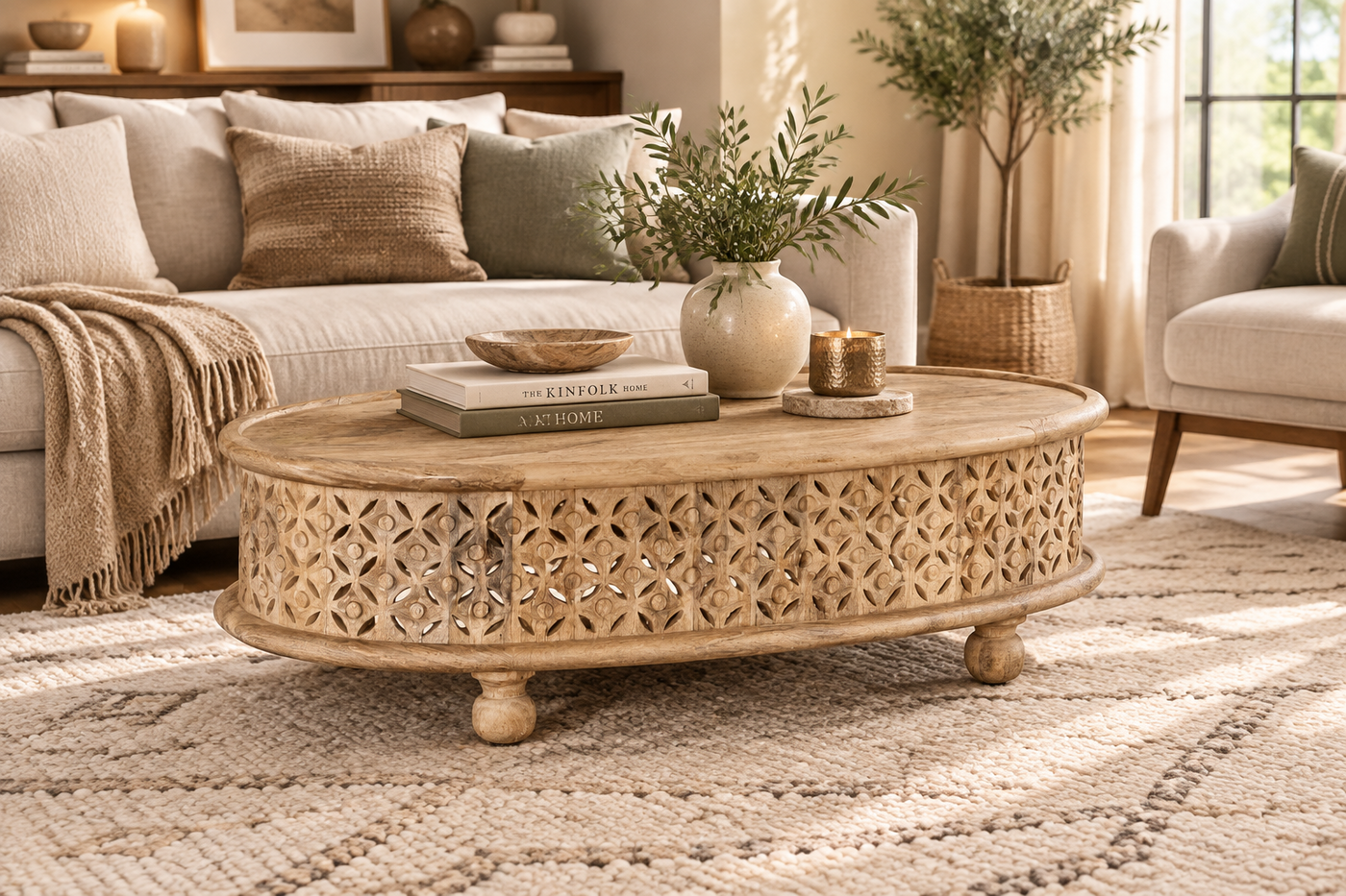 Wooden coffee table and center table in an Indian living room setting