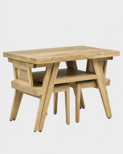 Wooden 2 seater dining table set with one table and two rattan cane chairs