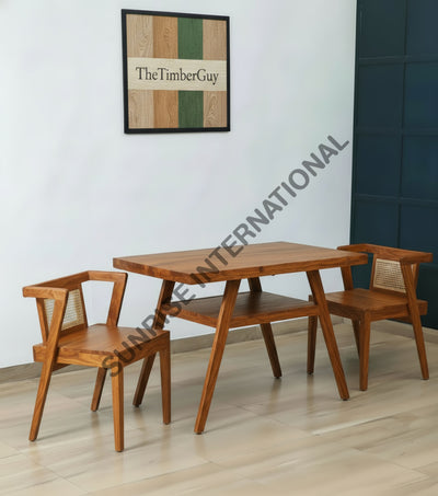 2 seater dining table set with wooden table and two rattan cane chairs