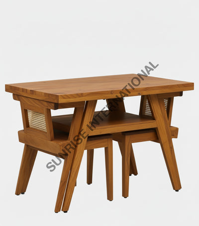 Wooden 2 seater dining table set with one table and two rattan cane chairs