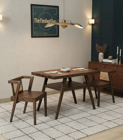 2 seater dining table set with wooden table and two rattan cane chairs