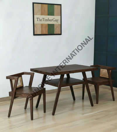 Nordic Design Wood 3pc Wooden Dining table Set (1 Table + 2 chairs) with rattan cane for restaurant cafe