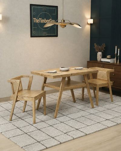 2 seater dining table set with wooden table and two rattan cane chairs