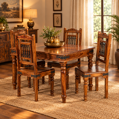 4 Seater Dining Table Set with 4 Chairs – Solid Wood