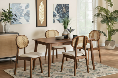 4 seater dining set with rattan cane chairs in medium brown finish
