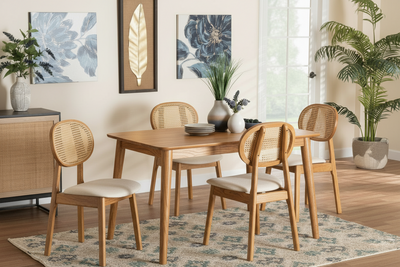 4 seater wooden dining table set with rattan cane chairs in light wood finish