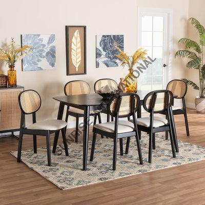 6 seater dining table set with cane back chairs in black finish