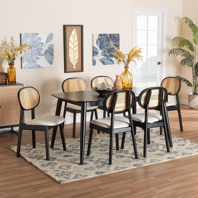 6 seater dining table set with rattan cane chairs in black finish