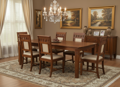 Solid Sheesham wood 6 seater dining table set with cushioned chairs