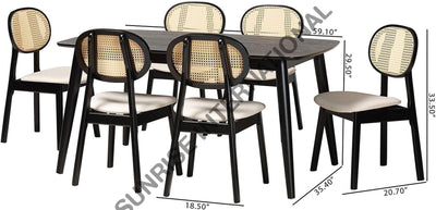 Wooden 6 seater dining set with rattan cane chairs and cushioned seats
