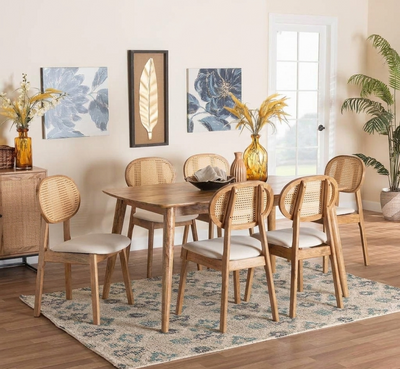6 seater wooden dining set with rattan cane chairs in light natural finish