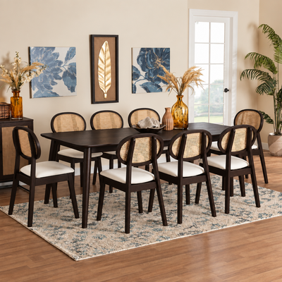 8 seater Mango wood dining table set with rattan cane chairs in dark finish