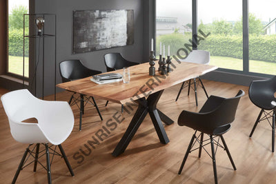 Acacia Wood live edge slab dining table with Spider star shape Metal legs