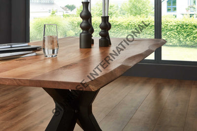 Acacia Wood live edge slab dining table with Spider star shape Metal legs