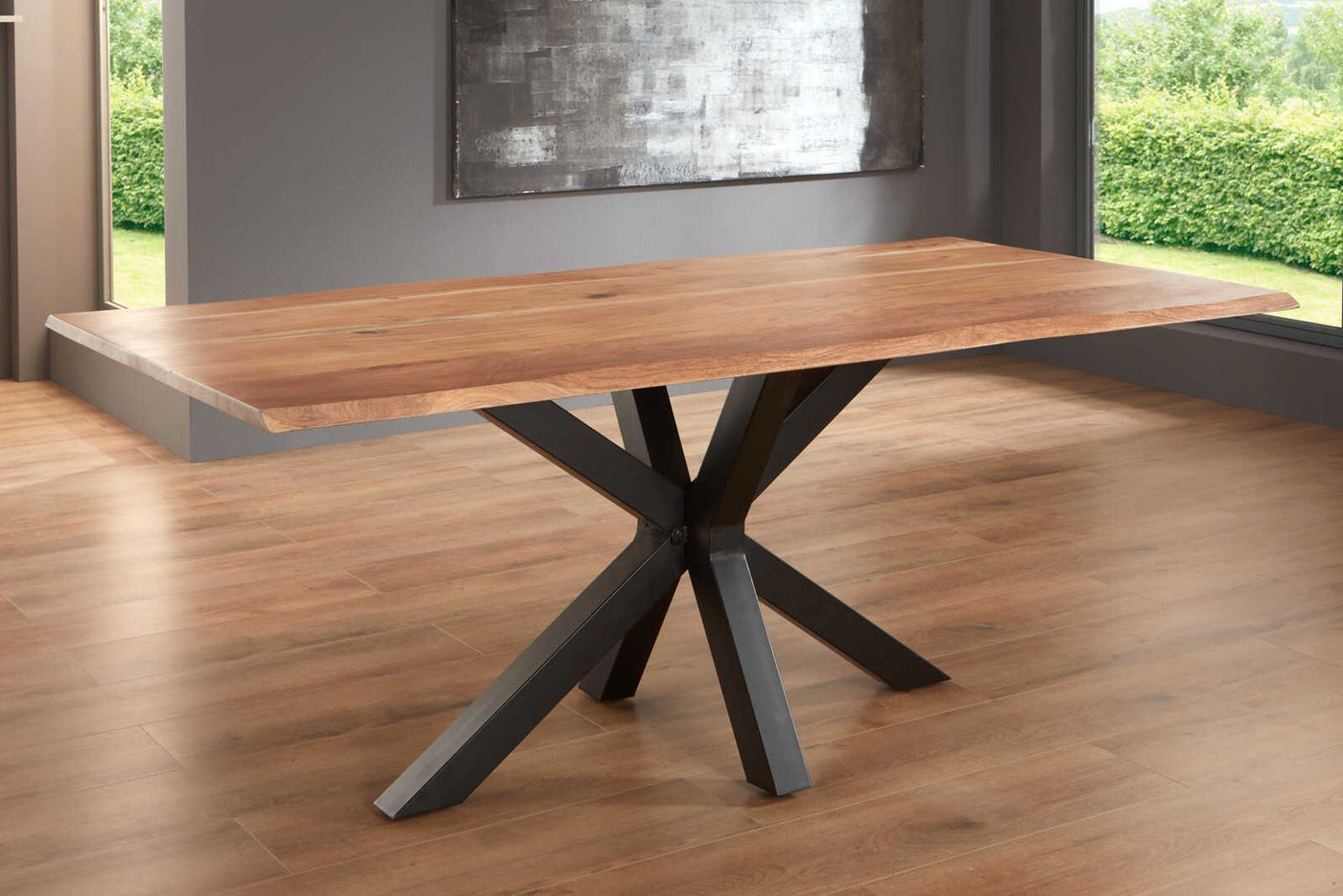 Acacia Wood live edge slab dining table with Spider star shape Metal legs