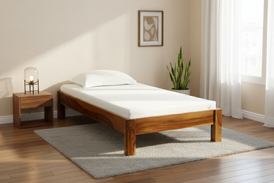 Acacia wooden single bed and diwan daybed in contemporary bedroom setting