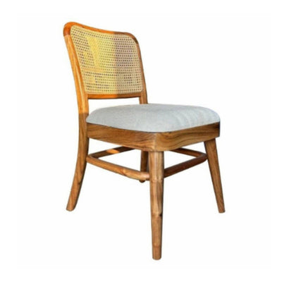 Acacia wood dining chair with cane rattan work & seat cushion