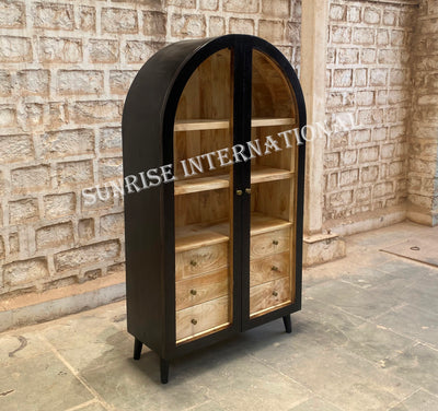 Arched Solid Mango Wood Curio display Cabinet With 3 Drawers