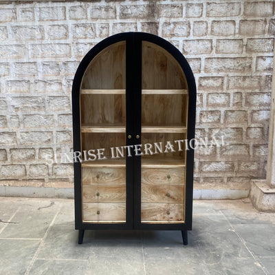 Arched Solid Mango Wood Curio display Cabinet With 3 Drawers