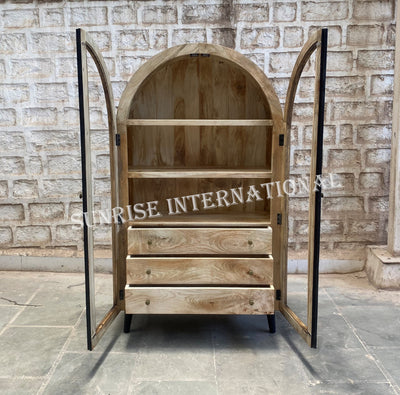 Arched Solid Mango Wood Curio display Cabinet With 3 Drawers