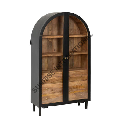 Arched Solid Mango Wood Curio display Cabinet With 3 Drawers