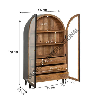 Arched Solid Mango Wood Curio display Cabinet With 3 Drawers