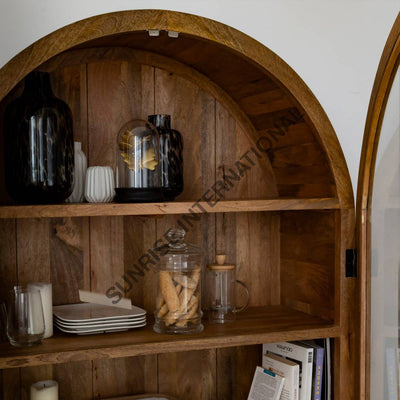 Arched Solid Mango Wood Curio display Cabinet With 3 Drawers