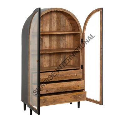 Arched Solid Mango Wood Curio display Cabinet With 3 Drawers
