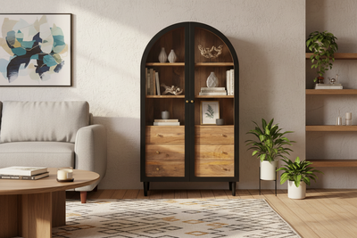 Arched Solid Mango Wood Curio display Cabinet With 3 Drawers