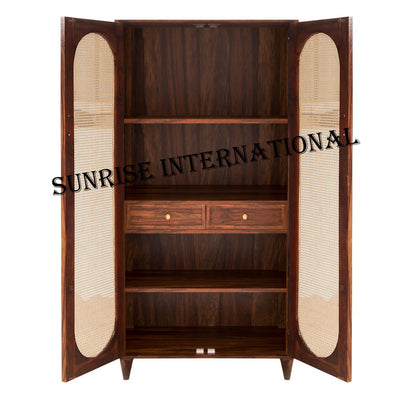 solid wood wardrobe cupboard designs with rattan cane work