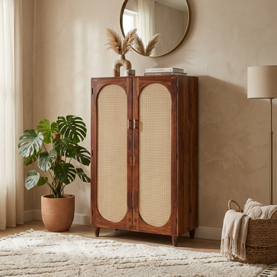 Bedroom Furniture - Sheesham Wood 2 door Cupboard - Wardrobe with rattan cane work