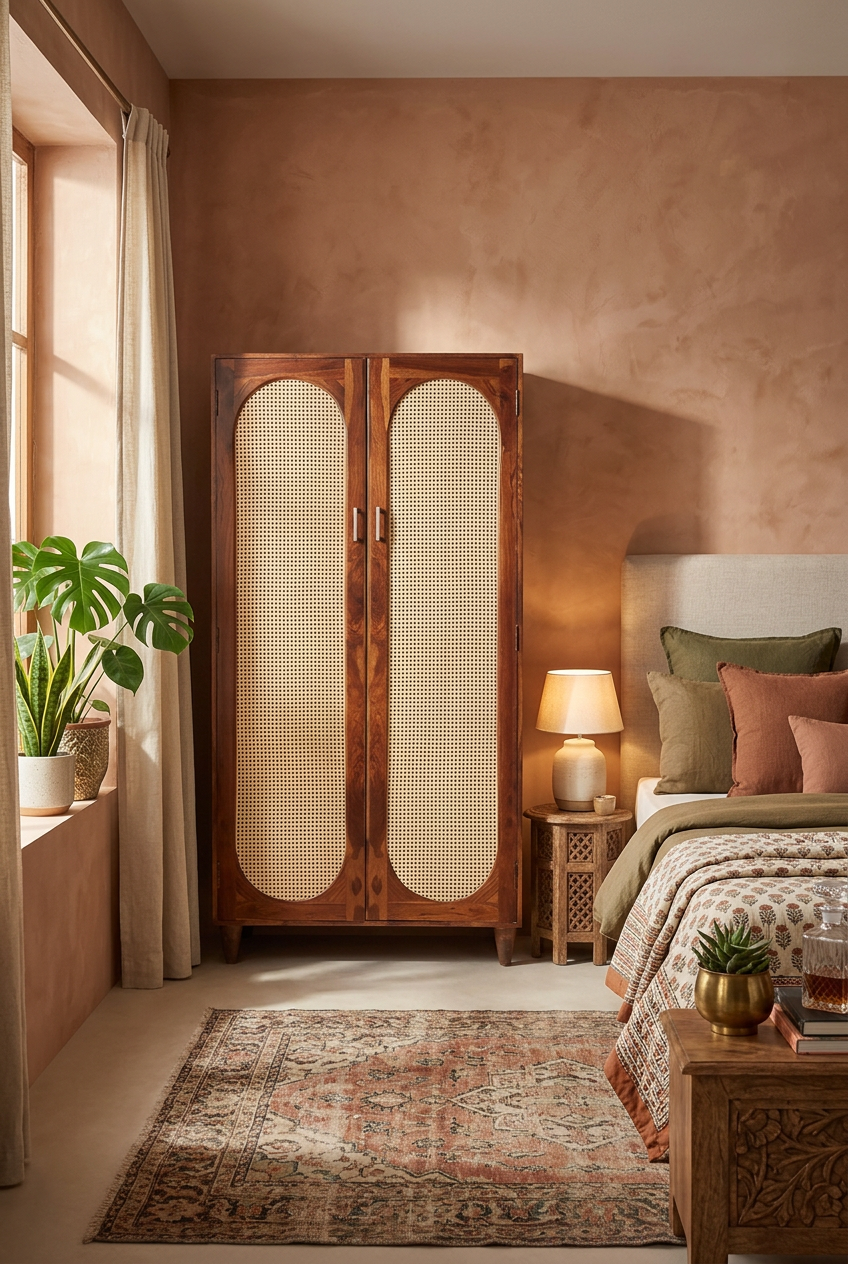 Bedroom Furniture - Sheesham Wood 2 door Cupboard - Wardrobe with rattan cane work