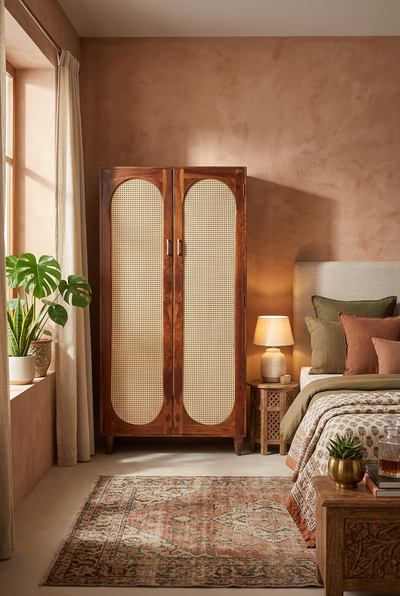 wooden 2 door wardrobe with rattan cane
