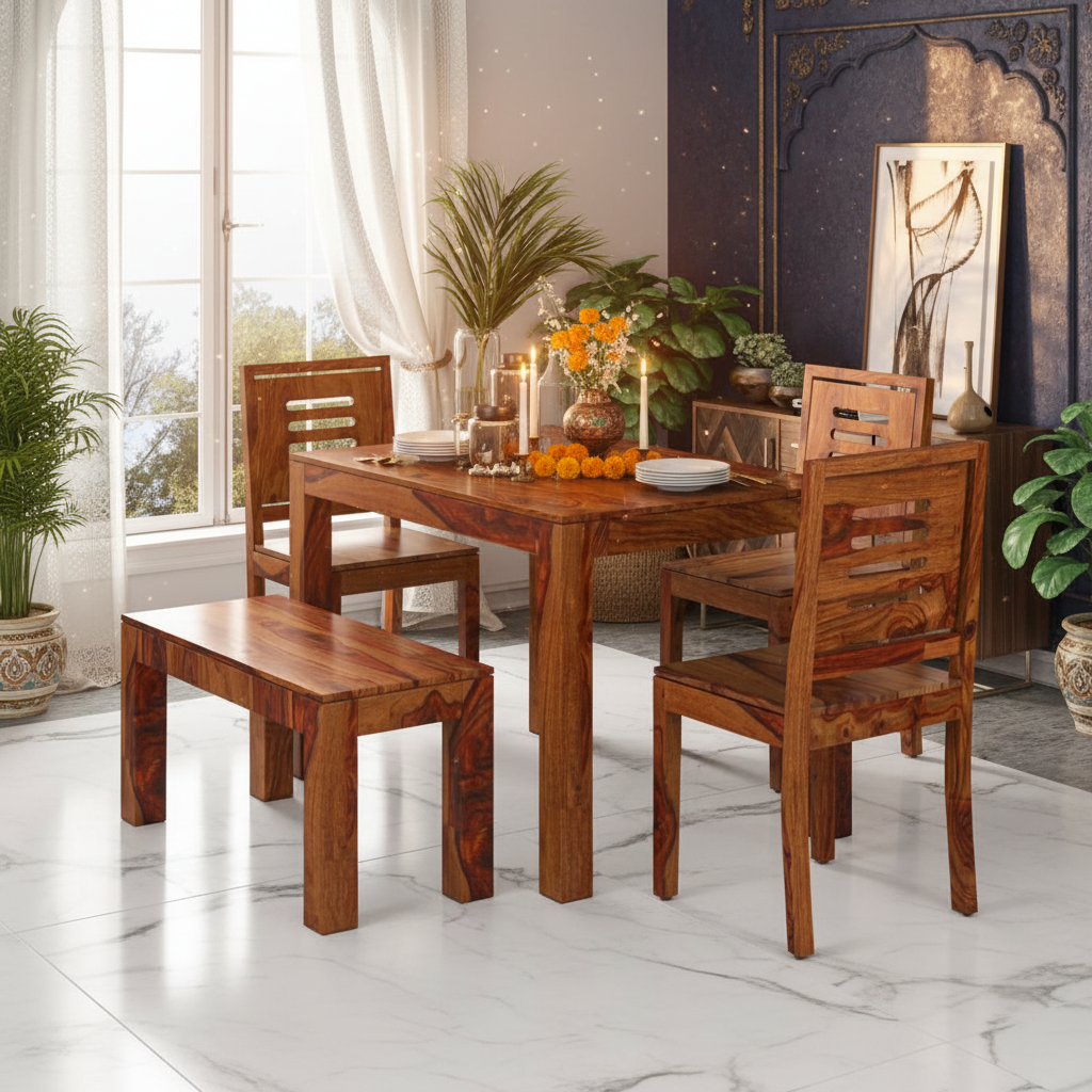 Buy Compact Wooden Dining table with 1 Bench & 3 chairs furniture set for modern Home