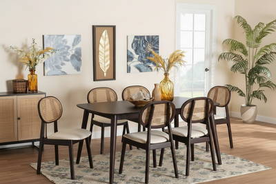 6 seater dining table set with rattan cane chairs in dark finish