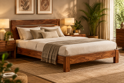 solid sheesham wood bed in bedroom