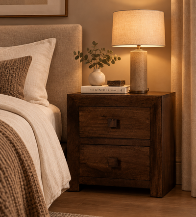 wooden bedside table in bedroom