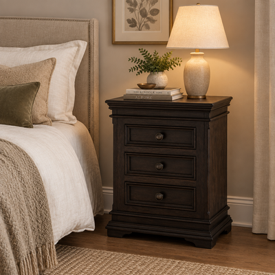wooden bedside table in bedroom