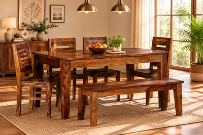 Contemporary Wooden Dining Table with 4 Chair & 1 Bench Set