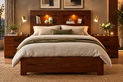 wooden king size bed with headboard shelf