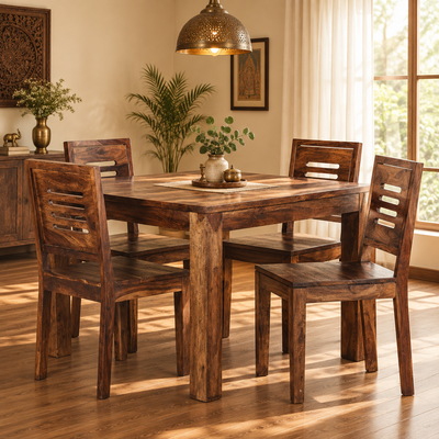 Contemporary Wooden Square Dining Table with 4 Chair Set