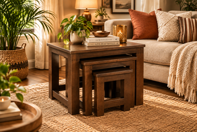 wooden nesting stool in living room